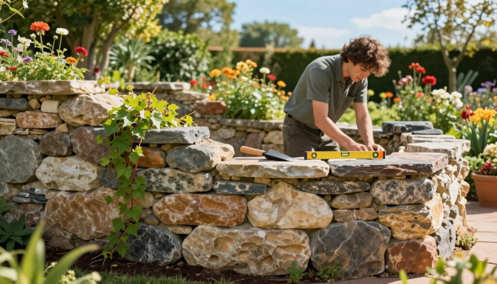 A serene garden scene showcasing a DIY project for building garden walls. In the foreground, sturdy, intricately designed stone walls made of various natural stones, featuring a mix of smooth and rough textures, with vine plants climbing elegantly on one side. In the middle ground, a dedicated individual in modest casual clothing, focused and engaged in constructing the wall, surrounded by tools like a trowel and spirit level. In the background, a lush garden filled with colorful flowers, greenery, and a clear blue sky, providing a cheerful, sunny ambiance. Soft, warm lighting accentuates the textures of the stones and the vibrant colors of the plants, creating an inspiring and inviting atmosphere, ideal for showcasing DIY garden projects.