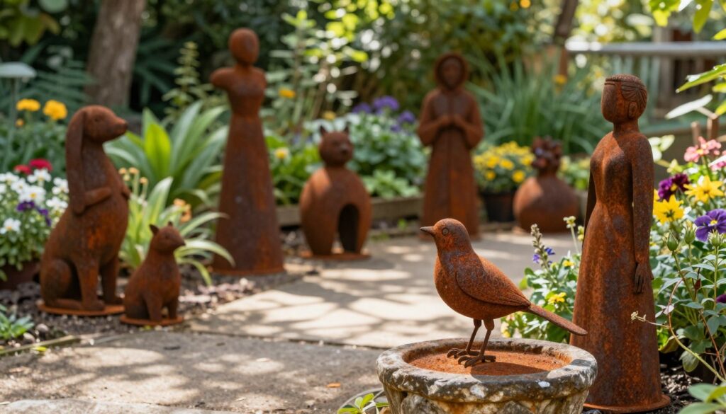 A serene garden scene showcasing a variety of rust-colored garden figures, such as whimsical animals, abstract shapes, and traditional ornamental statues. In the foreground, highlight a detailed rusted metal bird perched on a weathered stone flower pot. The middle ground features an arrangement of unique rusted sculptures surrounded by blooming flowers and lush green foliage. In the background, soft sunlight filters through the trees, casting dappled shadows on the ground. The atmosphere is calm and inviting, evoking a sense of rustic charm. Use warm lighting to enhance the earthy tones of the rust, with a slight focus blur on the background to draw attention to the garden figures. Capture this scene from a slightly elevated angle to provide depth and perspective.