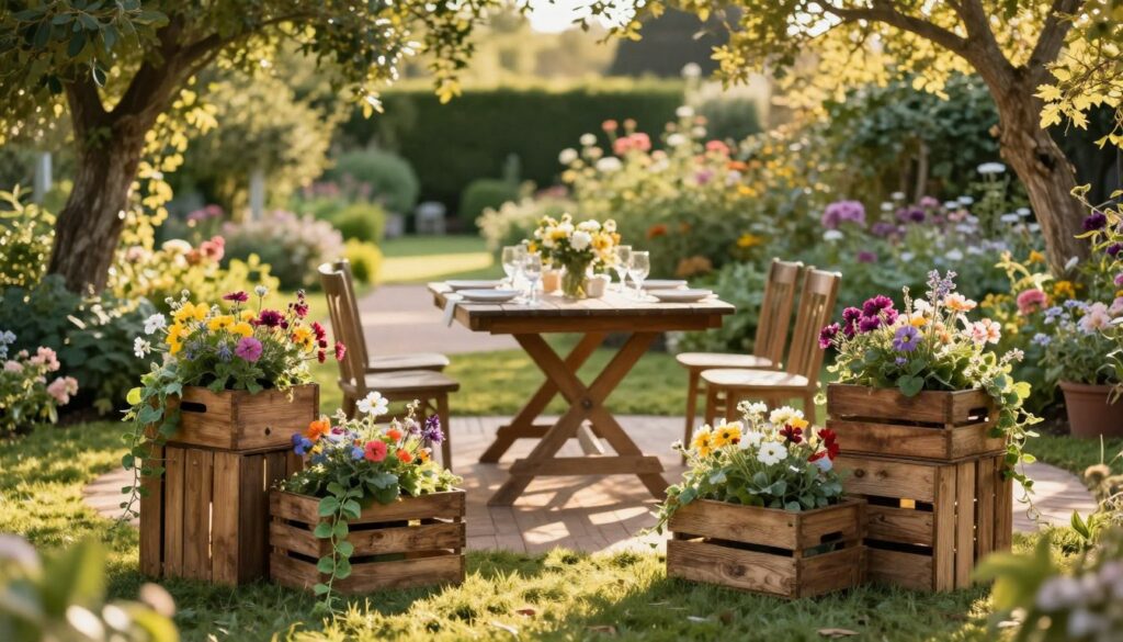 A serene garden setting featuring rustic wine crates artistically arranged in the foreground. The crates are filled with vibrant flowers and trailing vines, adding color and life. In the middle ground, a wooden patio table is adorned with a simple yet elegant table setting, surrounded by lush greenery and blooming plants. In the background, a soft-focus view of an idyllic garden path flanked by mature trees and flowering bushes creates depth. The scene is bathed in warm, golden afternoon sunlight, casting gentle shadows and highlighting the textures of the wood and foliage. The mood conveys tranquility and a touch of countryside charm, perfect for outdoor entertaining and decoration.