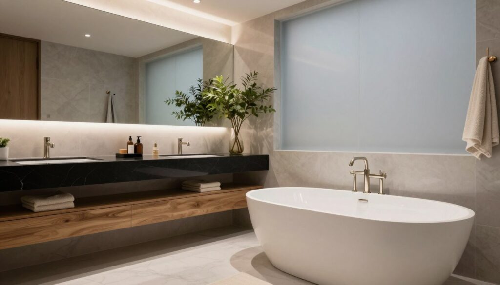 A serene, modern bathroom showcasing a variety of materials and surfaces. In the foreground, there is a sleek, freestanding bathtub made of polished white marble, surrounded by natural wood accents and soft, luxurious textiles. The middle section features a stylish vanity with a high-gloss black countertop, paired with chic, streamlined fixtures in brushed nickel. Behind, the walls are adorned with large, frosted glass tiles in a soft grey shade, and an artistic touch is offered by a decorative indoor plant, adding a pop of greenery. The lighting is soft and ambient, coming from recessed ceiling lights and illuminating the space in a warm glow. The angle captures the essence of spaciousness, inviting viewers to appreciate the blend of elegance and comfort in a contemporary bathroom design.