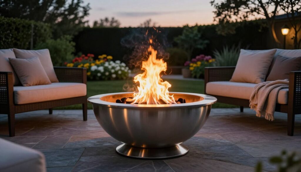 A sleek, stainless steel fire bowl sits elegantly on a stone patio, illuminated by the warm glow of an inviting fire. In the foreground, the fire dances gently, casting flickering shadows and a cozy ambiance. Surrounding the fire bowl, an arrangement of elegant outdoor furniture invites relaxation, with plush cushions and soft throws. In the middle ground, green shrubs and blooming flower beds create a vibrant garden atmosphere, enhancing the tranquil setting. The background features a softly lit evening sky, transitioning from twilight to night, adding depth to the scene. Capture this image from a low angle, focusing on the fire bowl, with a slightly blurred garden backdrop, to create an intimate and warm mood that embodies comfort and style.