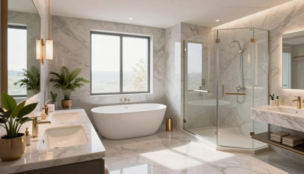 A spacious, elegantly designed large bathroom showcasing contemporary style. Foreground features a sleek double sink vanity with modern faucets, surrounded by decorative potted plants. The middle ground reveals a luxurious freestanding bathtub, positioned near a large window with soft natural light streaming in, illuminating high-end fixtures and subtle tile patterns. The background includes marble walls and a large walk-in shower with frosted glass doors, creating an airy feel. The color palette combines soft grays and whites with hints of gold for an opulent touch. Use a warm, inviting atmosphere with soft shadows to enhance the tranquil mood. Capture the scene from a slightly elevated angle to emphasize the layout and spaciousness, using a wide-angle lens to provide a comprehensive view of this stylish bathroom design.