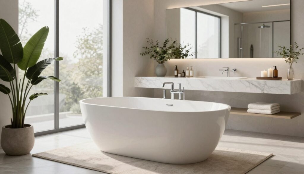 A spacious, modern bathroom featuring a luxurious freestanding soaking tub as the centerpiece. In the foreground, the high-gloss white tub is elegantly positioned on a rectangular area rug, surrounded by potted greenery. In the middle, sleek marble countertops hold elegant toiletries and a stylish candle arrangement, with a large vanity mirror reflecting the serene atmosphere. The background showcases large windows allowing natural light to flood the space, highlighting the neutral color palette of soft whites and grays. The soft, diffused lighting creates a calm, inviting ambiance, while gentle shadows enhance the sleek lines of the bathroom design. The scene evokes a sense of tranquility and modernity, perfect for illustrating the choice between bathtub and shower in contemporary bathroom design.