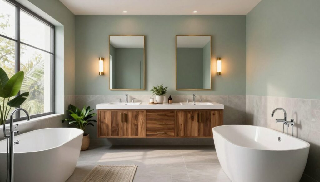 A spacious modern bathroom featuring elegant color schemes that emphasize tranquility and sophistication. In the foreground, a large freestanding bathtub with sleek chrome fixtures is accompanied by tasteful houseplants. The middle ground showcases a double vanity with rich wooden cabinetry and dual mirrors framed in gold. Soft, ambient lighting enhances the warm hues of the walls, which display a harmonious palette of soft greens and calming grays. The background reveals a large window allowing natural light to flood in, accentuating the airy feel of the room. A stylish area rug adds texture, while minimalist decorative elements create an inviting atmosphere. The overall mood is serene and luxurious, ideal for showcasing the importance of color choice in large bathrooms.