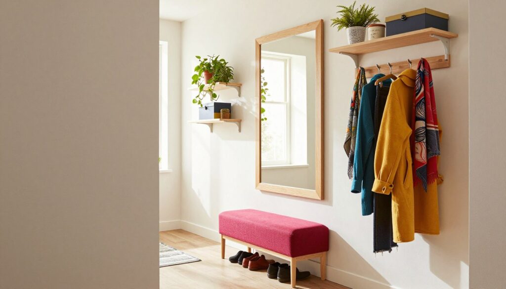 A stylish and creative hallway with unique wardrobe ideas. In the foreground, a compact entryway features a modern, minimalist coat rack made of natural wood, displaying several colorful jackets and scarves. In the middle, a decorative shoe storage bench upholstered in vibrant fabric sits beneath an oversized mirror, reflecting warm light. On the walls, a combination of hooks and floating shelves showcases potted plants and decorative boxes for organization. The background reveals a bright, airy space enhanced by soft, natural light streaming through a nearby window, casting gentle shadows. The atmosphere is inviting and organized, embodying a blend of functionality and creativity in home design. The shot is taken from a slightly elevated angle, focusing on the ensemble's harmony while ensuring clarity and vivid detail.