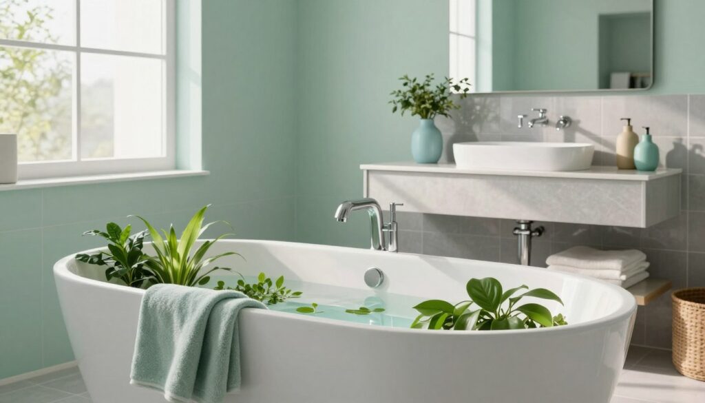 A stylish and modern bathroom setting showcasing a harmonious color palette that embodies tranquility and elegance. In the foreground, an exquisite freestanding bathtub is filled with lush green plants and soft towels in pastel shades, emphasizing relaxation. The middle ground features a sleek vanity adorned with decorative items in complementing colors like soft blues, greens, and earthy tones. The walls are painted in a calming seafoam green, while the tiles gleam with soft gray tones. In the background, natural light floods the room through spacious windows, casting gentle shadows and enhancing the serene atmosphere. The mood is peaceful and inviting, ideal for a personal retreat. Capture this scene with a slight upward angle, focusing on the interplay of colors and textures to depict a dream bathroom.