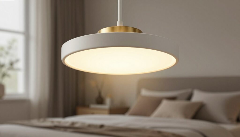 A stylish designer ceiling lamp hanging elegantly in a modern bedroom. The lamp features a sleek, minimalist design with a warm, soft glow that gently illuminates the room. In the foreground, the lamp showcases a combination of matte white and brushed gold finishes. In the middle, the bedroom includes a neatly made bed with muted tones, a cozy nightstand, and minimalistic decor elements. The background displays a softly blurred view of a window letting in natural light, creating a serene atmosphere. The setting is designed to evoke a sense of tranquility and sophistication, emphasized by soft shadows and ambient lighting. The perspective is from below the lamp, capturing its elegance while providing a glimpse of how it enhances the overall room aesthetics.