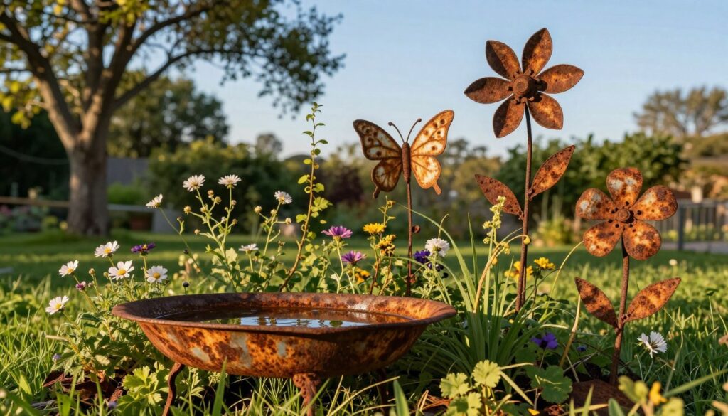 A tranquil garden scene showcasing rustic garden decor made of weathered, rusted metal. In the foreground, a beautifully aged metal birdbath filled with water, surrounded by wildflowers and lush green grass. In the middle, various pieces of rusted garden sculptures—such as a butterfly and a flower—adding charm and character, partially intertwined with creeping vines. The background features a soft-focus view of leafy trees and a clear blue sky, creating an inviting atmosphere. The lighting is warm and golden, suggesting late afternoon sun, casting gentle shadows. The composition is shot from a low angle to convey the beauty of the rustic decor in detail, evoking a peaceful and harmonious outdoor setting.