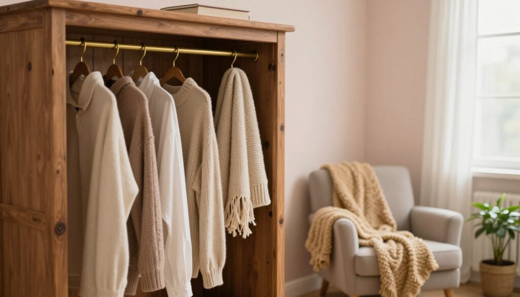 A vintage DIY wardrobe in a cozy bedroom setting, showcasing a handcrafted wooden garderobe with a rustic finish. In the foreground, the wardrobe features aged brass hooks holding neatly arranged clothes and soft, knitted scarves. The middle ground includes a simple, inviting armchair with a warm, textured throw blanket draped over it, along with a small potted plant adding a touch of greenery. The background reveals soft pastel-colored walls and a window allowing gentle morning light to filter in, creating a serene atmosphere. Use a soft focus lens to evoke a warm and homey feeling, capturing the essence of order and creativity in a charming, lived-in space.