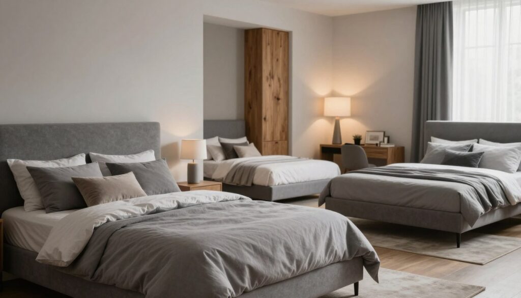 Graue Betten in verschiedenen Schlafzimmerstilen