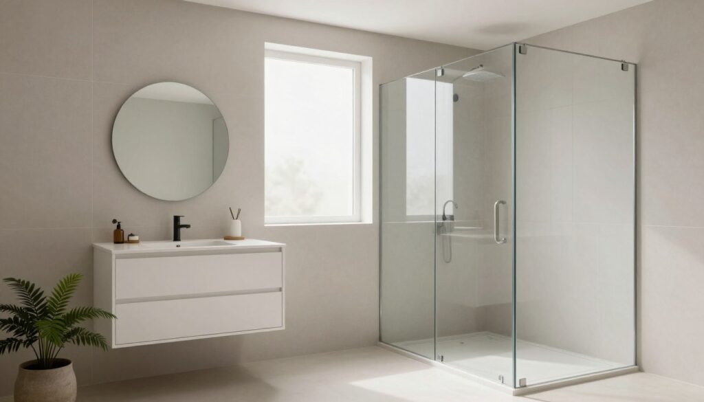 Minimalist bathroom design featuring sleek white cabinetry, a floating vanity with a circular mirror, and a large, frameless glass shower that maximizes space. The foreground should include a small potted plant for a touch of greenery. In the middle, natural light pours in through a frosted window, softly illuminating the room and creating a serene atmosphere. The background showcases soft, neutral-toned tiles that reflect contemporary aesthetics, enhancing the feeling of spaciousness. The overall mood is calm and uncluttered, ideal for small bathrooms. The angle is slightly elevated, capturing the entirety of the design while emphasizing the minimalist elements. No people are visible in the scene, ensuring a focus on the design itself.
