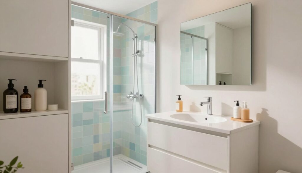 platzsparende Badeinrichtung mit hellen Farben und pflegeleichten Materialien