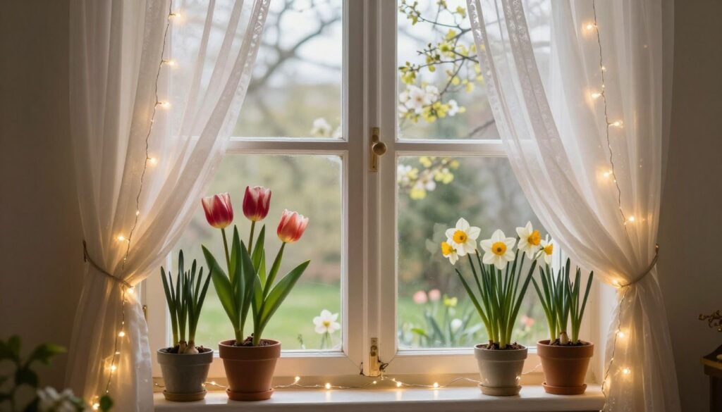 Fenster Frühlingsdekoration mit Lichtern
