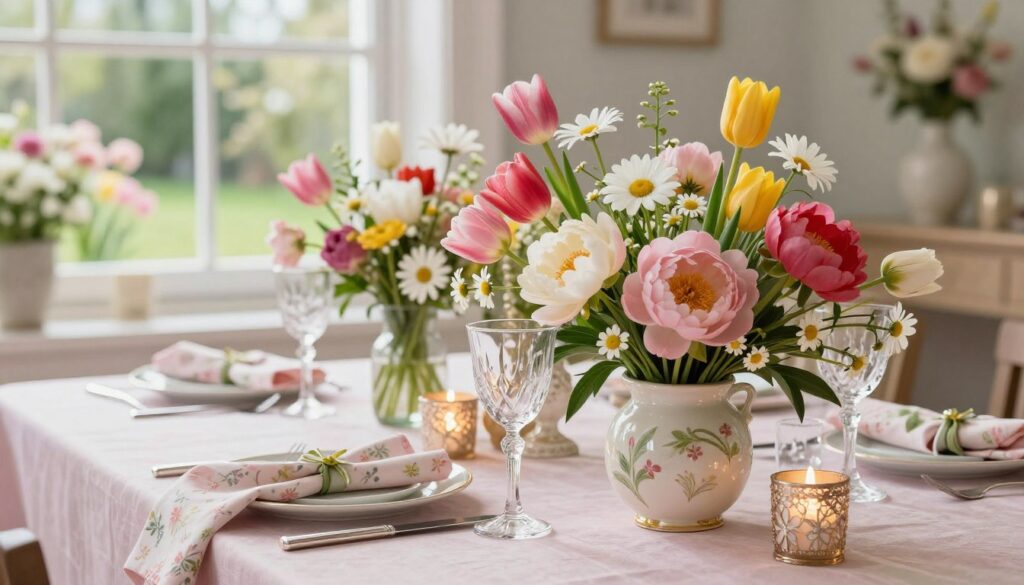 Frühlingshafte Tischdekoration mit Blumen