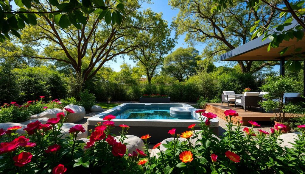 Ein moderner jacuzzi garten in einer grünen Umgebung