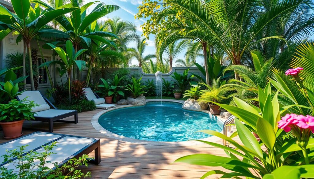Pflanzen und Gestaltung rund um einen mini pool garten