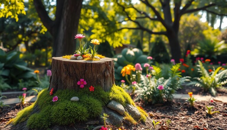 baumstumpf dekorieren garten