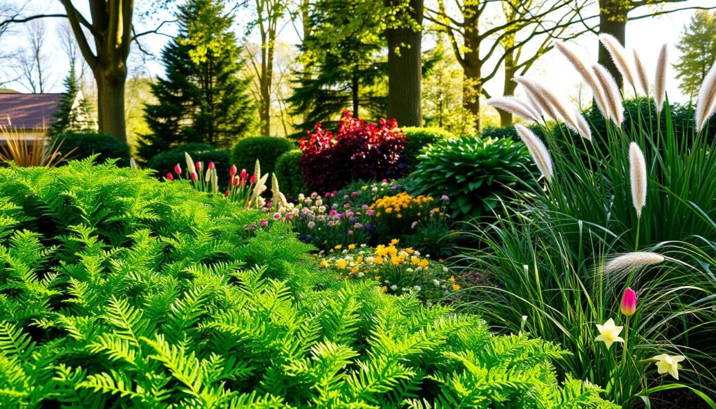 immergrüne Pflanzen und saisonale Akzente im Garten